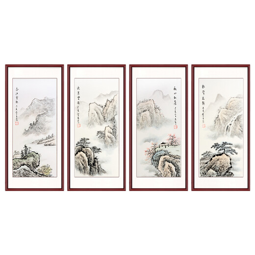 Celebrity calligraphy and painting, four-screen landscape painting, pure hand-painted Chinese painting, ink painting, living room sofa background, porch backing, vertical strip screen decoration hanging painting, sky high, clouds light, vertical size framed 85*40CM