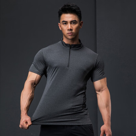 Lutie Dog Fitness Wear Short Sleeve Men's Stand Collar POLO Slim Fit Muscle Showing Quick Drying Breathable High Elasticity Coaching Wear T-Shirt Black XL