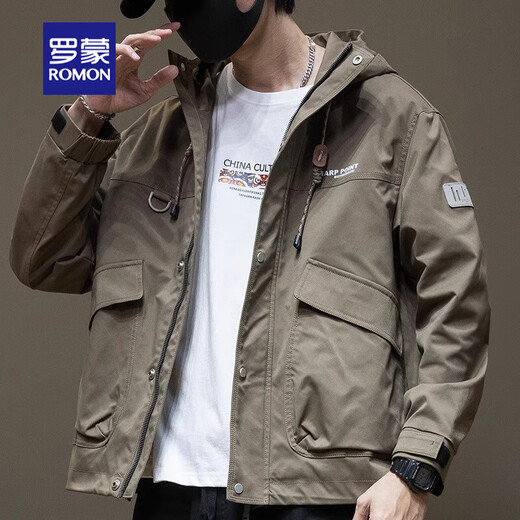 罗蒙夹克工装男士2025春秋季潮牌加厚男生大码棉衣男款冲锋衣连帽风衣 1502-1黑色（加绒加厚） 5XL (体重200-230斤)