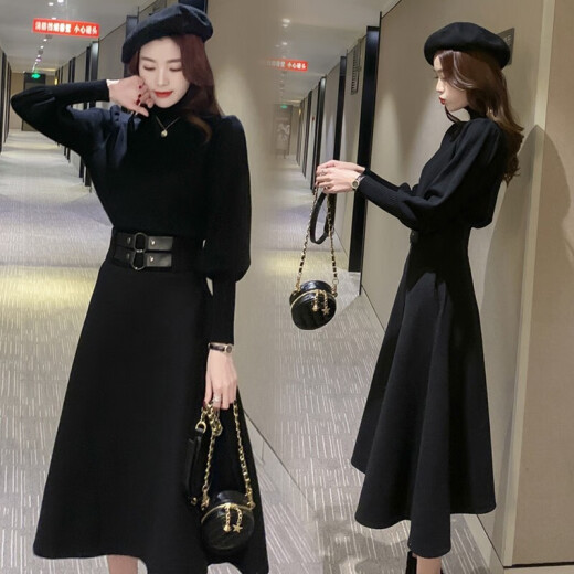 Lanji long-sleeved dress women's 2020 new autumn Korean style slim fit petite slim two-piece suit chiffon floral beach mid-length skirt black suit please take the correct size