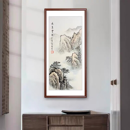 Celebrity calligraphy and painting, four-screen landscape painting, pure hand-painted Chinese painting, ink painting, living room sofa background, porch backing, vertical strip screen decoration hanging painting, sky high, clouds light, vertical size framed 85*40CM