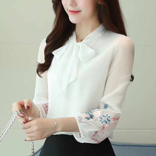 Fanzhan chiffon shirt for women 2020 summer new style fairy-like long-sleeved sweet embroidered bottoming shirt bow tie shirt for women autumn fashion women's top white M