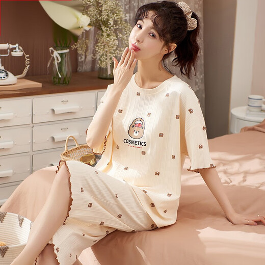 
Nanbowan Super Large Size Plus Fit Plus Large Size Women 260 Jin [Jin Equal to 0.5 kg] Home Summer PJ Special Summer Pure Cotton Short Sleeve Cropped Pants Dark Blue B9923 XXXL (160-180 Jin [Jin Equal to 0.5 kg])