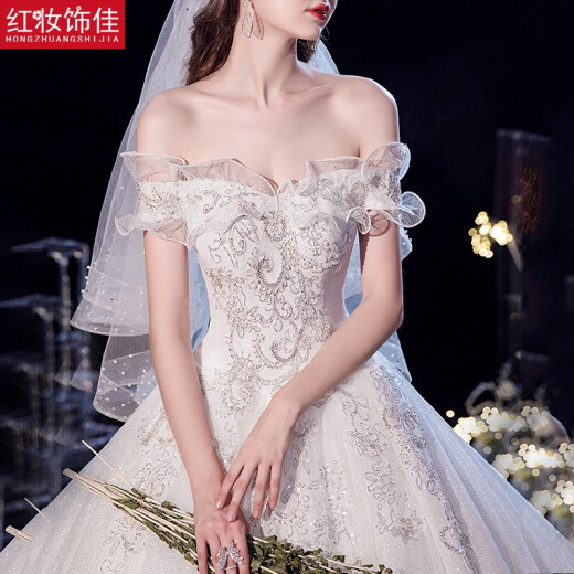 Hongzhuangjia 2022 new main wedding dress bride forest starry sky heavy industry luxury one-shoulder wedding dress with large tail [fungus edge collar type] tail L