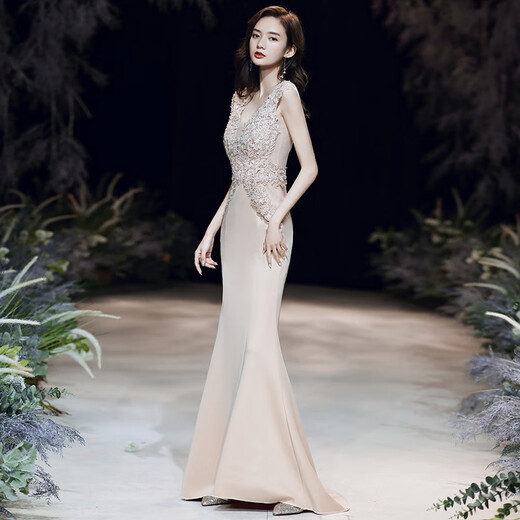 
Cool Huke evening dress for women 2022 new high-end temperament slimming 2022 summer banquet aura queen temperament sexy fish tail apricot color fish tail long M