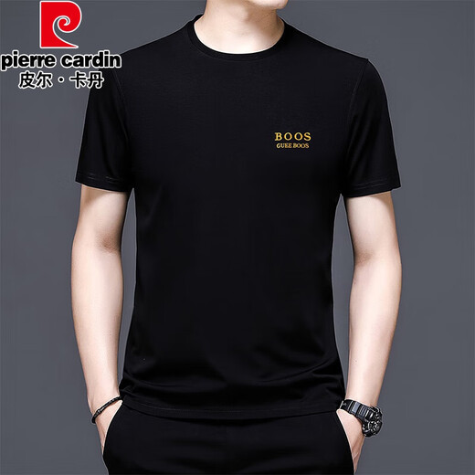 Pierre cardin summer new short-sleeved T-shirt men's round neck T-shirt thin solid color pure black versatile half-sleeved top sweat shirt knitted 733 white L 170