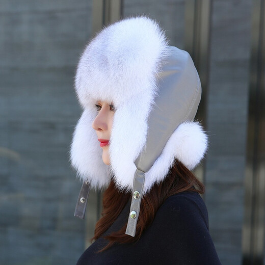 Luomei Huarou fox fur hat for women in winter trendy outdoor warm ski fur hat sheepskin hat top raccoon fur hat casual fashion Lei Feng hat blue fox natural leather hat top S head circumference 54cm-56cm