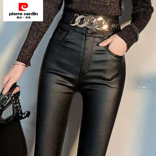 皮尔卡丹（pierre cardin）加绒皮裤女秋冬新款高腰外穿打底裤哑光显瘦紧身小脚铅笔裤子 现货/系带皮裤【9921款】 加绒 S 【80-95斤】卡码往大拍