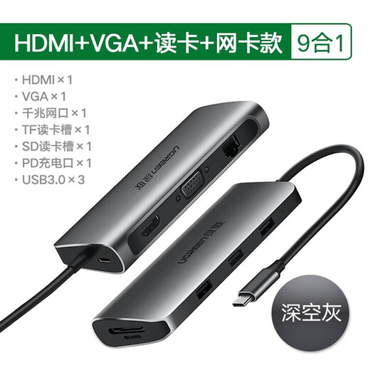 绿联Type-C扩展坞USB-C转HDMI VGA转换器雷电3拓展坞分线器适用MacBoo 9合1 四屏异显HDMI+DP15602 标配