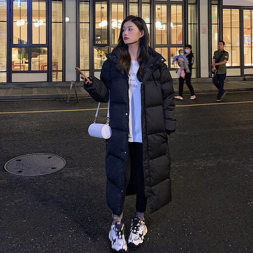 Xier black long down cotton jacket for women winter new style mid-length over-the-knee loose thickened cotton jacket mid-length theater jacket black M 100-120