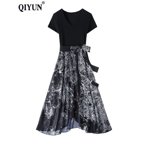 QIYUN black chiffon dress women's new style waist slimming floral floral long summer skirt picture color M