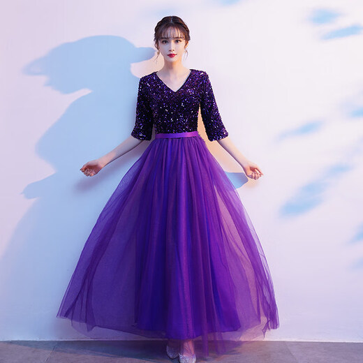 Pugos 2025 chorus performance costumes for women slim long skirts for starry night dresses temperament host singing and recitation performance costumes Purple [student middle-aged and elderly chorus] 3XL