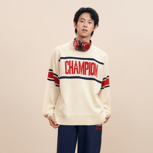 Champion champion color-blocking pullover knit sweater for men 24 winter new women's retro sweater warm beige M