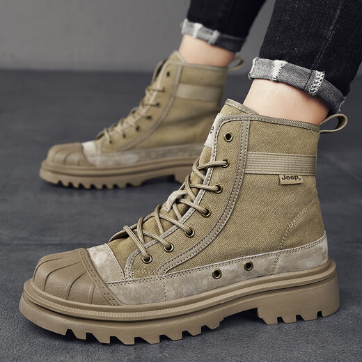 Jeep Martin bottise le printemps et l'automne masculin Nouvelle toile respirante britannique bottes de travail occasionnelles High-top War Boots War Boots Khaki (Code sportif) 42