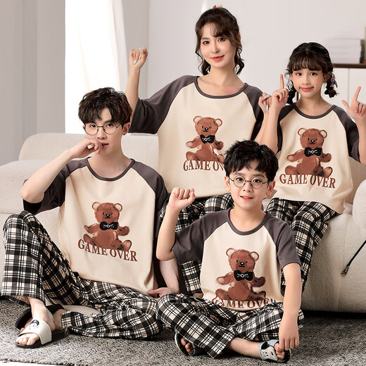 曼妮朵春秋儿童睡衣卡通纯棉短袖长裤亲子装一家三四口中大童家居服套装 F724【短长】 L码建议160-165cm