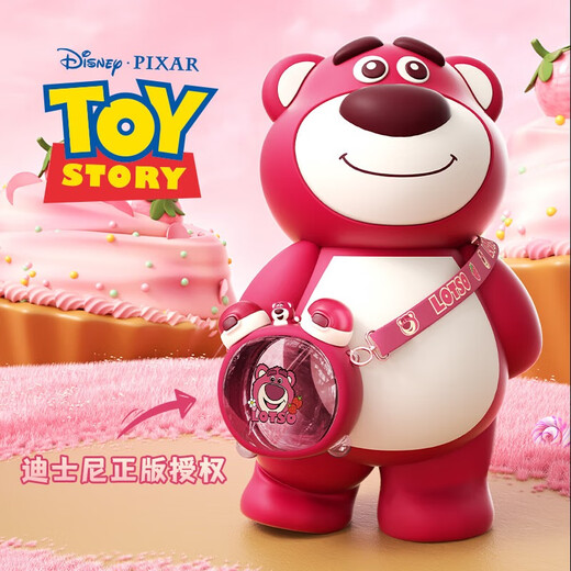 Strawberry Life Bear Strawberry Bebida doble Copa de agua para niños Estudiante Copa de paja bebé Tritan Bear Doble BoCh Bouce Copa de agua de doble uso Pot (bebida doble + correa) Disney Strawberry Bear Powder 750ml