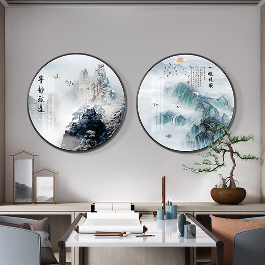 桐迪新中式圆形装饰画客厅沙发背景墙壁画过道走廊玄关画书房山水挂画 12156 一帆风顺 烤瓷镶钻-直径60-铝合金黑框