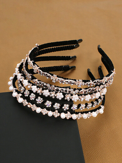 Mrs. Ming Internet celebrity rhinestone pearl hairpin high-end hairband summer face wash headband high-end 2025 new bangs headband for women 1# sapphire black diamond five-petal flower