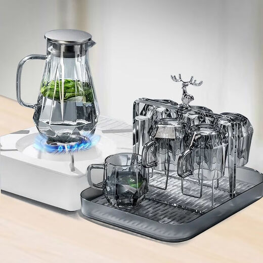 Wuji light luxury style diamond water set for home living room with handle glass drinking cup family tea cup tea set ash diamond pot one pot six cups + plate + cup holder
