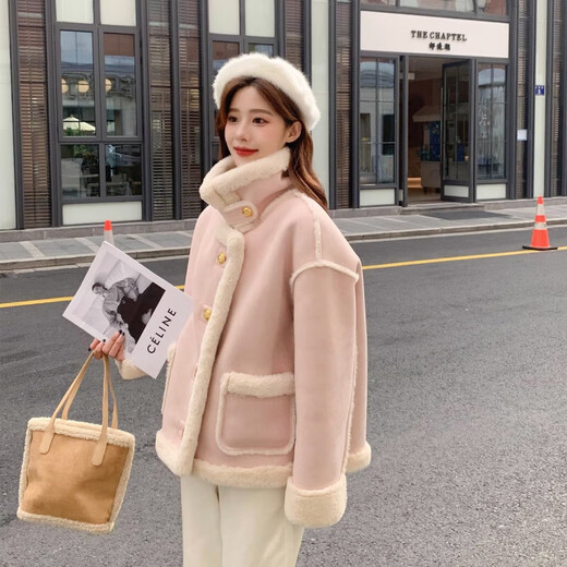 Suluolin (Suluolin) Fell integriertes Lammfell Kurzjacke Frauenkleidung 2023 Herbst und Winter Neuer kleiner Körper plus Fleece-verdickte Baumwollkleidung Khaki Farbe Eins Größe (Vorschlag: 85-145jin [Jin gleich 0,5 kg]))