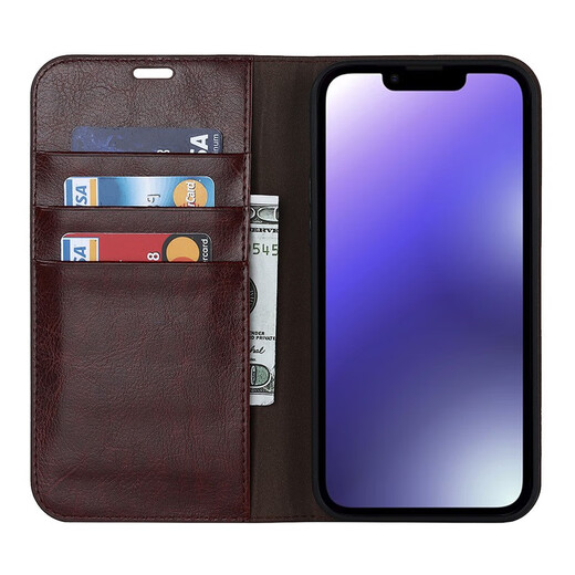 iCoverCase Apple 14 mobile phone case iphone14Pro Max protective case plu full-cover anti-fall flip cover for men and women Apple 14Plus brown color + full screen tempered film