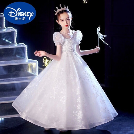 Vestido de noche de Disney Girls 2024 Nuevo princesa de alta gama Princesa Bode Flower Fiesta Fiesta de cumpleaños Show Piano Performance Disfraz White 160