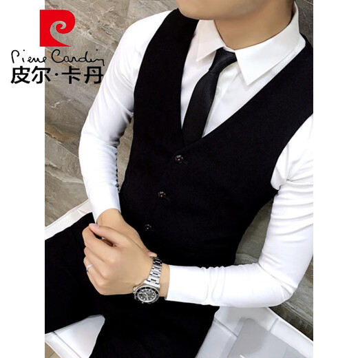 Pierre Cardin suit men's three-piece casual black suit, slim fit, Korean style formal groom, handsome wedding dress, trendy black suit + vest + trousers L 110-120Jin Jin equals 0.5 kg