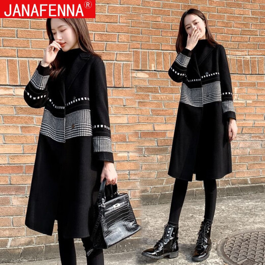 JannaFenna windbreaker women's mid-length autumn and winter clothing 2020 new Korean fashion woolen coat British style simple and versatile waist slim coat casual top black M