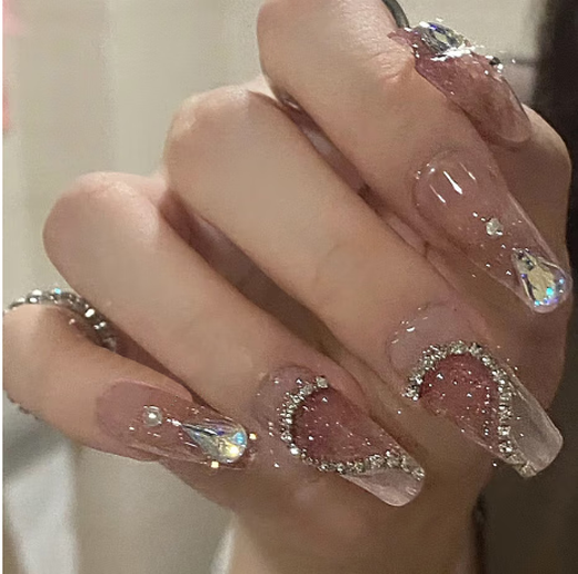美甲贴片手工穿戴甲甲片批发碎钻闪粉长款指甲贴成品果冻胶春 BY1047#晶莹紫蝶 1件 胶水款