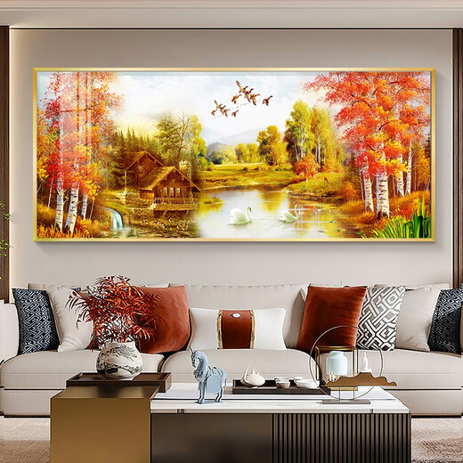 Картинка в картинке Деревья удачи Декоративная живопись Гостиная Диван Фон Восточная настенная картина Кленовый лист Золотой проспект Природный пейзаж Картина Удачи - Цзыци Донлай L3294 80*40 см золотая рамка подходит для ресторанов