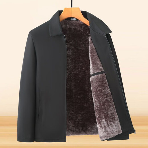 ACLOSMIL middle-aged and elderly autumn and winter men's cotton-padded clothes, middle-aged and elderly dad's lapel plus velvet thickened jacket solid color grandpa coat, navy 175