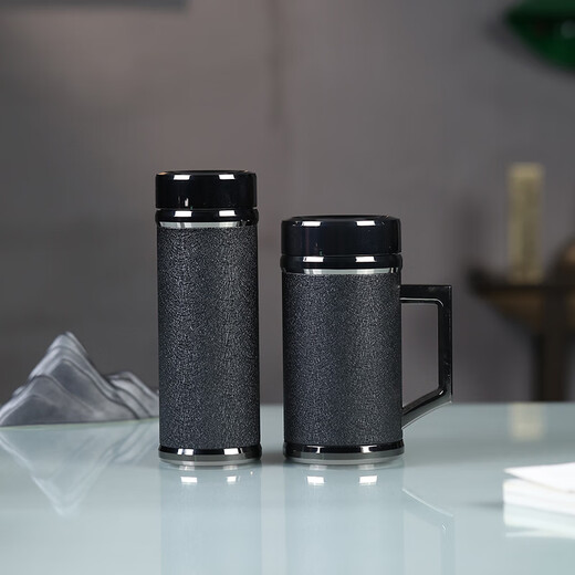 檀轩阁紫砂茶杯保温杯男士款高档办公室泡茶水杯送父亲老师礼品定制刻字 镜面磨砂黑手把（皮盒装）450ml