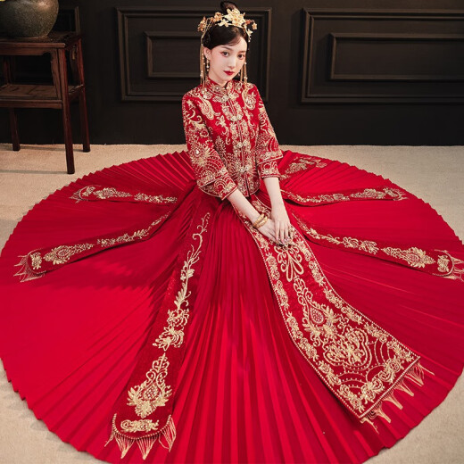 Longmanisi Xiuhe clothing bridal wear new Chinese style wedding dress ancient costume cheongsam dragon and phoenix gown 513 long sleeve 3XL