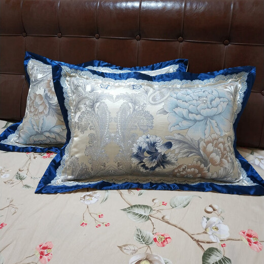 Cotton satin jacquard pillowcase European style pillowcase single latex pillowcase wedding pair high count high density Budapest (jade powder) 1 pair 48cmX74cm