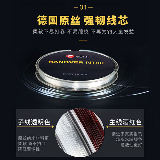 Xu Qixing NT80 fishing line main line and sub-line, soft nylon fishing line imported from Germany, transparent sub-line, one roll, 50 meters, No. 0.6