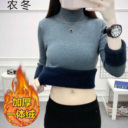 Farming and winter sweater women's coat 2020 autumn and winter outer wear one-piece velvet half-turtleneck sweater bottoming shirt women's velvet thickened sweater autumn and winter inner warm slimming top navy blue please take the correct size