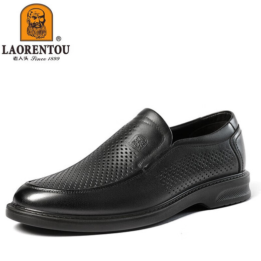 老人头（LAORENTOU）男皮鞋夏季镂空休闲鞋头层牛皮套脚鞋透气打孔鞋 LL12027 黑 42 
