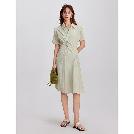 ELLE French design true two-piece suit dress for women 2024 summer new style pleated temperament right shoulder skirt light green M