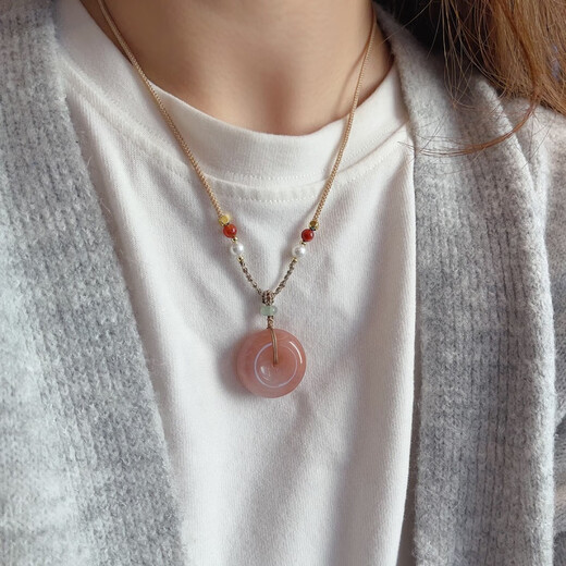 DING FEI New Chinese Style Jade Pendant Necklace Women's Peaceful Button Buddha Pullable Adjustable Gourd Clavicle Chain Long Sweater Chain Golden Silk Jade Peach Blossom Stuffed Nothing Brand (1 piece) B03-303