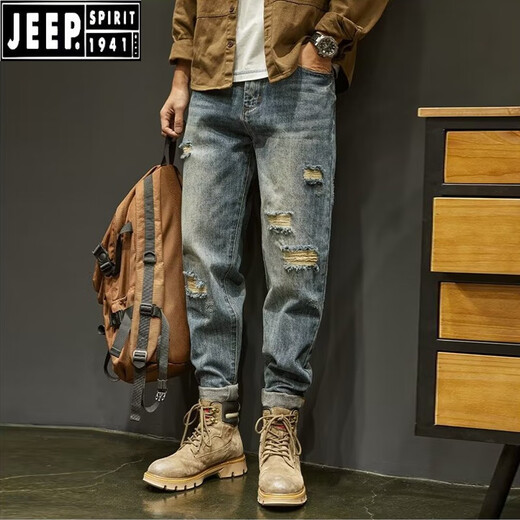 JEEP SPIRIT吉普破洞牛仔裤男夏季直筒宽松水洗美式复古哈伦裤痞帅潮牌九分裤 B01浅蓝色 30