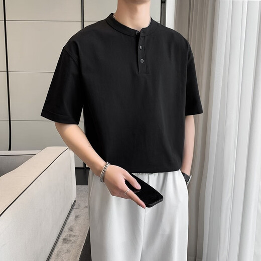 Chukuo heavyweight pure cotton Henley short-sleeved T-shirt men's summer American retro trend ins loose casual Henley collar T-shirt white S (recommended 90Jin Jin equals 0.5kg -110Jin Jin equals 0.5kg)