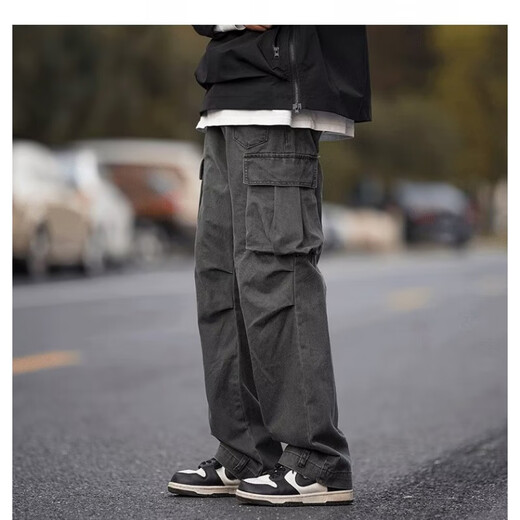 
POUM men's spring and summer long pants men's trendy brand 2025 new work pants men's vibe style straight casual pants men SM-DS19 dark gray XL [120-140Jin[Jin equals 0.5 kg]] The size is small and it is recommended to take a larger size