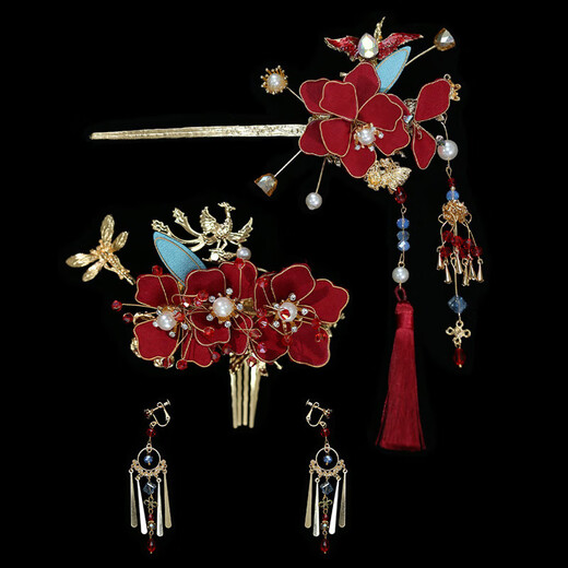 Ancient bridal Xiuhe headdress, golden phoenix crown, Chinese style wedding costume, tassel hair accessories, showy face, small Xiuhe clothing accessories, elegant romantic Xiuhe clothing and hair accessories set, ear clip style