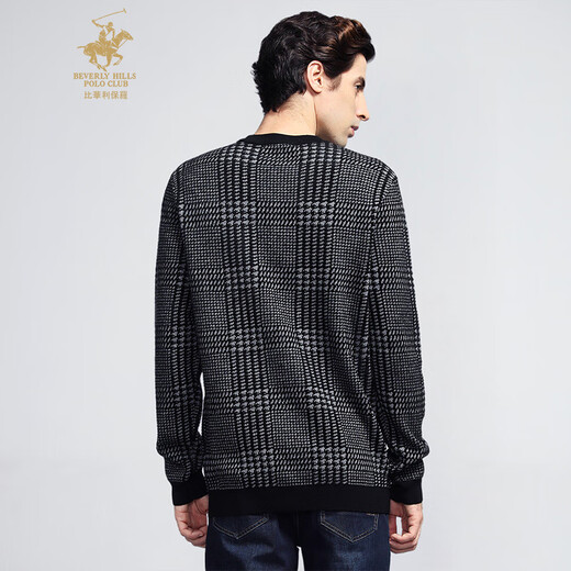 比华利保罗秋冬新款套头羊毛衫男休闲保暖方格纹男士圆领毛衣 黑色 S