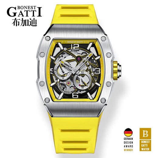Bonest gatti watch masculin allemand entièrement automatique creux mécanique montre mécanique lumineuse vitier baril de baril pour hommes givrés de petit ami de petit ami argenté jaune BG9903-a