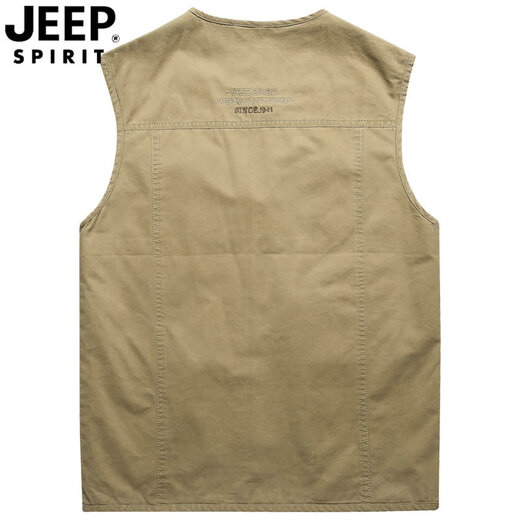 吉普（JEEP）春秋装马甲中年男背心外穿纯棉马夹男多口袋旅行钓鱼无袖外套坎肩 卡其色 M建议体重130左右