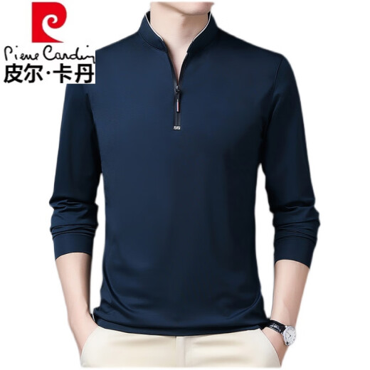 皮尔卡丹（pierre cardin）高档纯棉长袖t恤男士新款拉链款立领中青年大码针织舒适polo.衫潮 加绒6625玫红 加厚 M 165建议120斤以内
