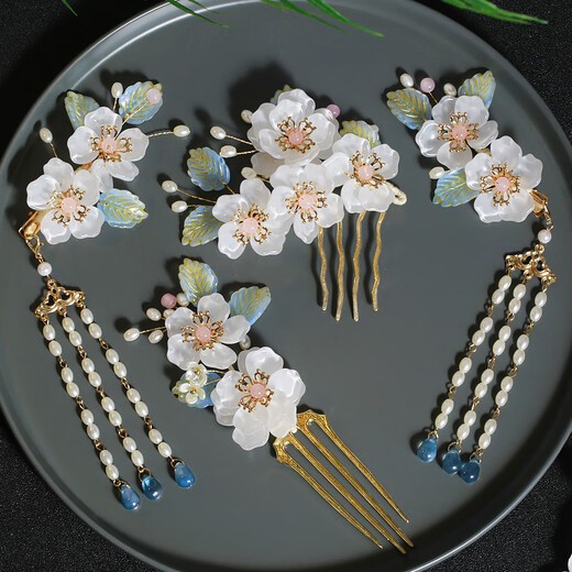 Meng Junchen, ancient style Hanfu headdress, hairpin with tassels, hand-made flower hair crown, ancient costume hair trim, edge clip bun, Tang style complete set, one hairpin