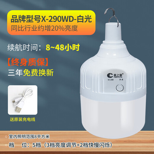 祎琳（yilin）USB充电灯泡停电应急照明灯移动超亮户外led夜市摆摊地摊灯露营灯 加亮290WD白光【续航8-48H】