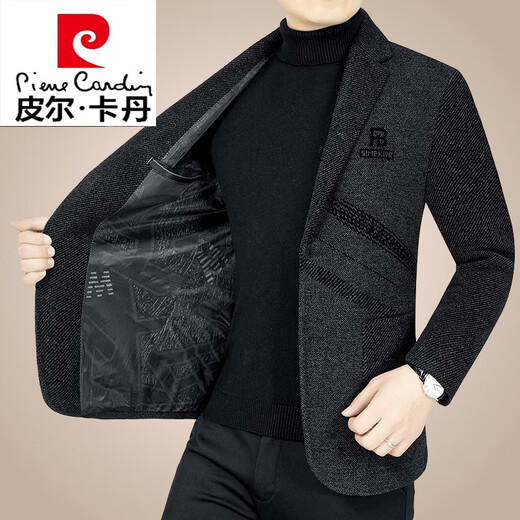 皮尔卡丹（pierre cardin）休闲中年男士西服羊毛呢子外套修身小西装春秋季新款男装针织 黑色 170/M(90-110斤)